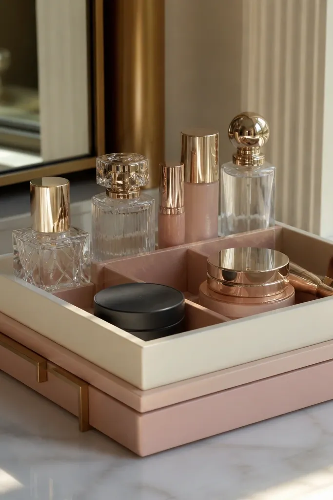 Cream tray with blush pink dividers on a white vanity
