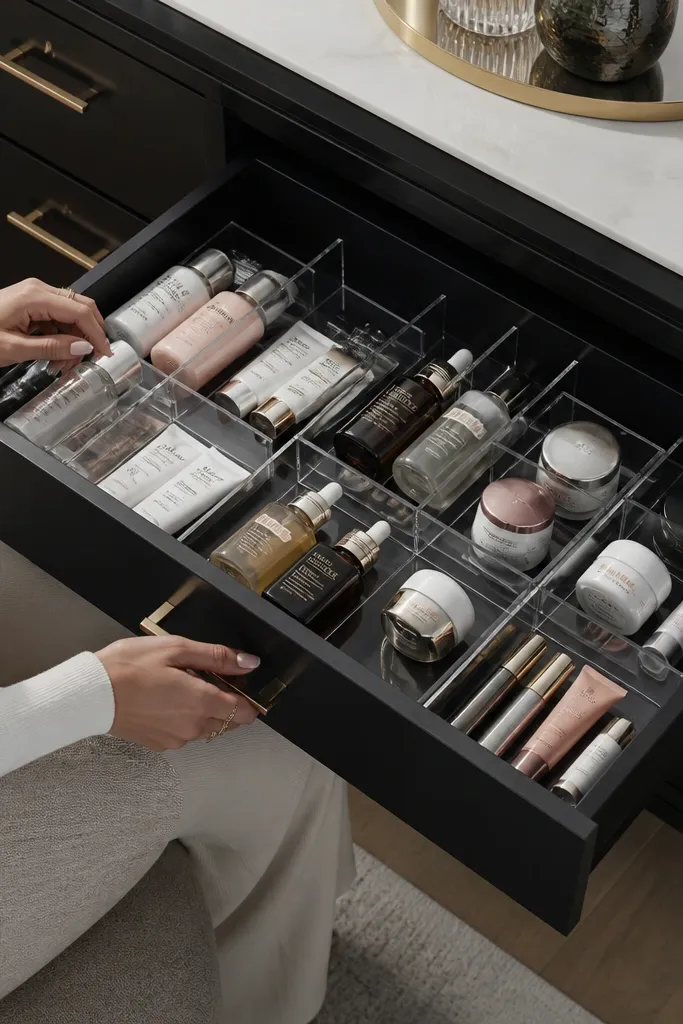 Clear acrylic drawer bins with black dividers in a vanity drawer