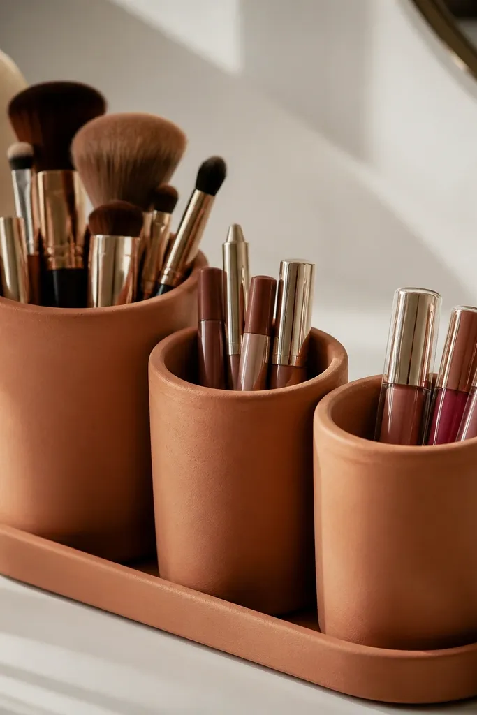 Terracotta cups holding makeup brushes and lip products on a warm-toned vanity