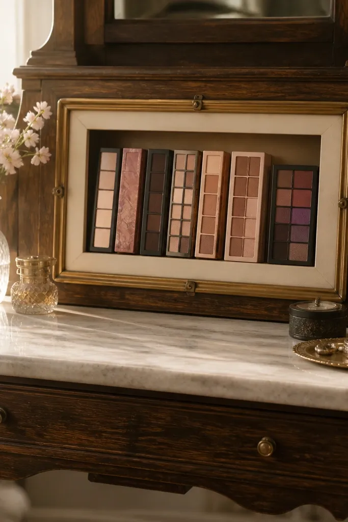 Small framed display with palettes standing upright on a vanity