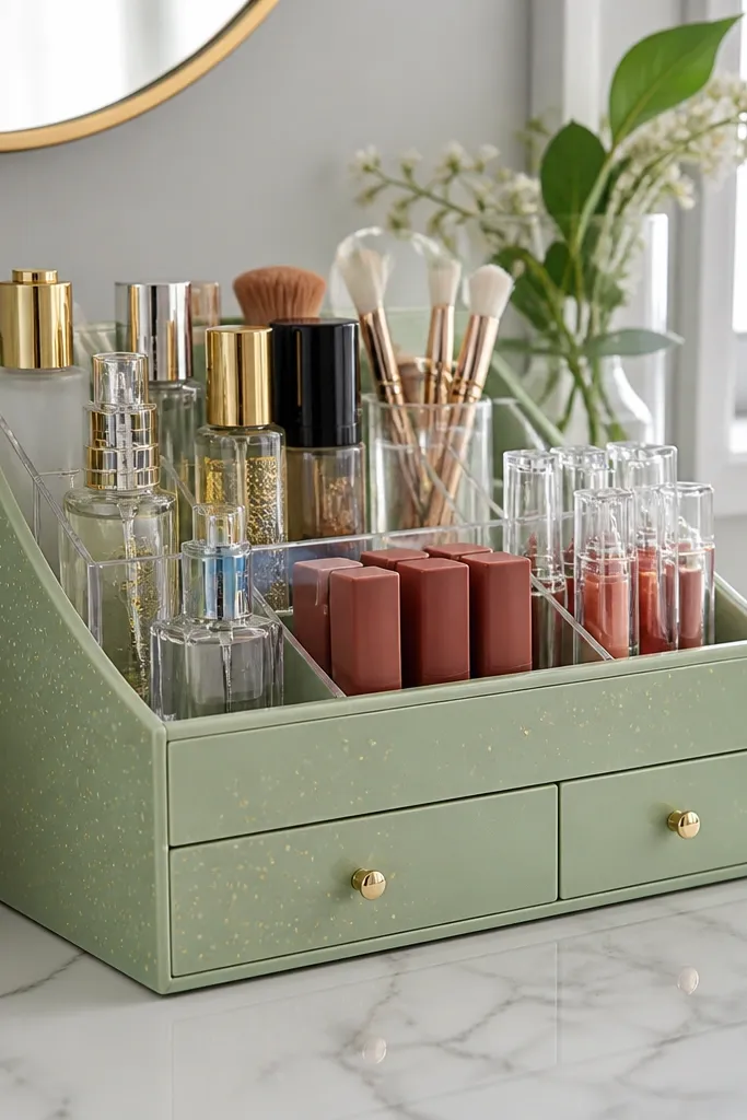 Sage green acrylic organizer with small gold dot details on a makeup vanity