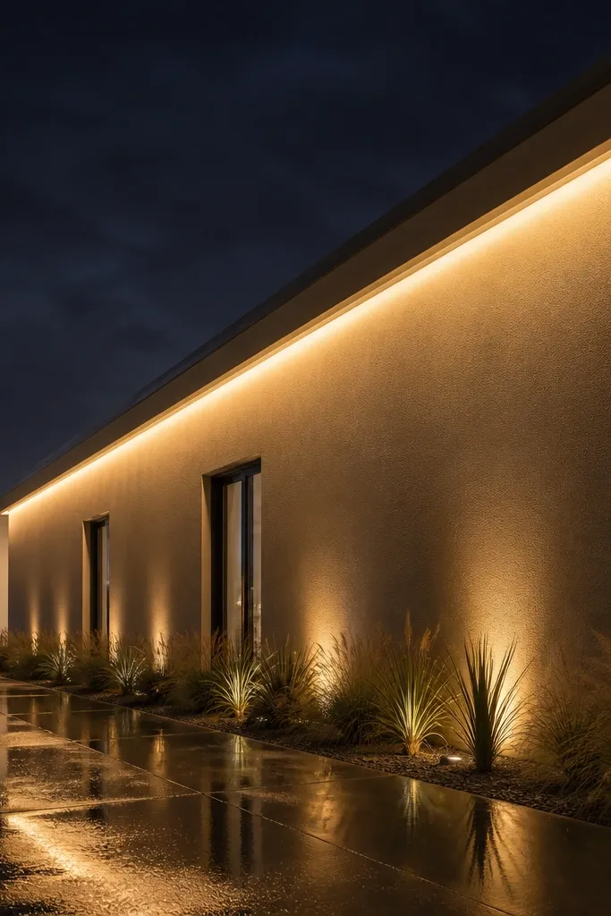 Warm LED cove line under a modern roof overhang