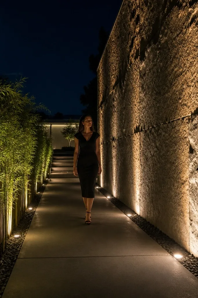 Uplights along a modern walkway highlighting steps and rail