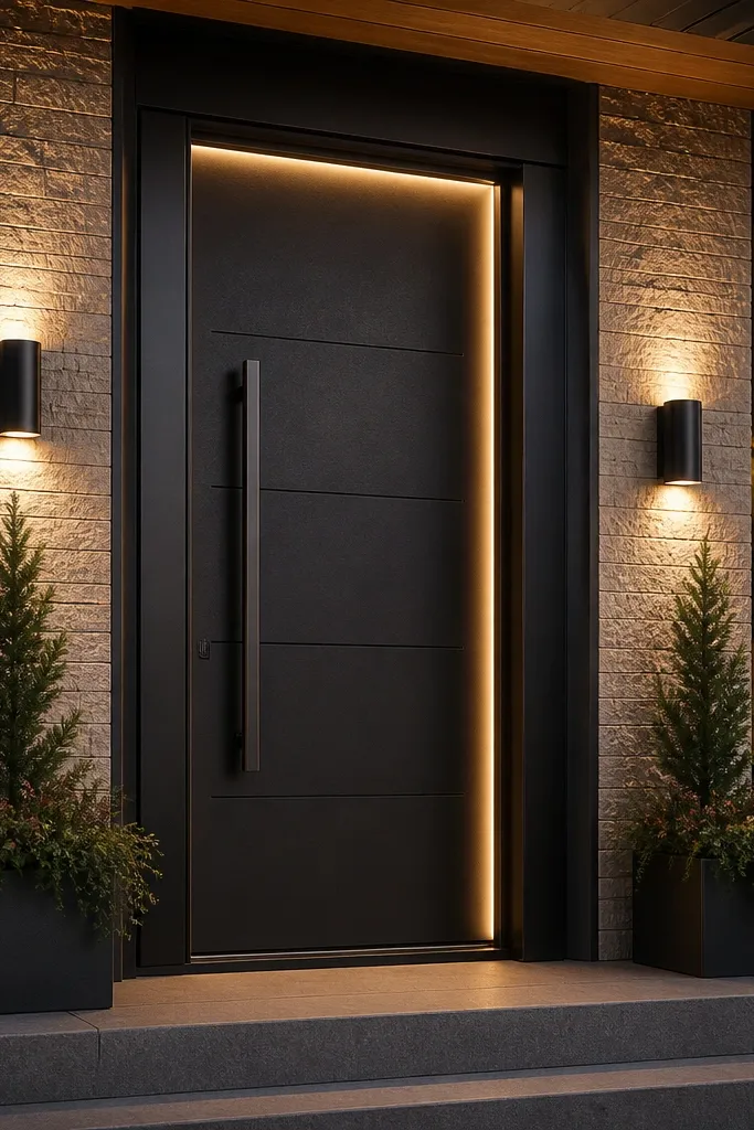 Warm side lights hiding behind a modern door frame recess