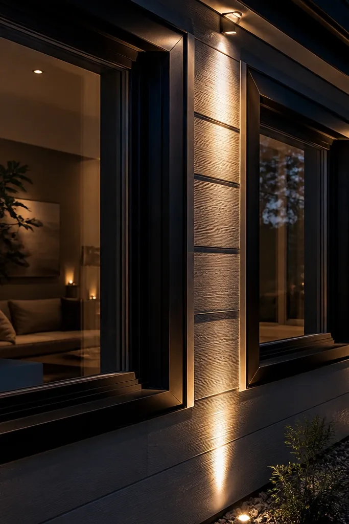 Small spotlights grazing modern window reveals with soft highlights