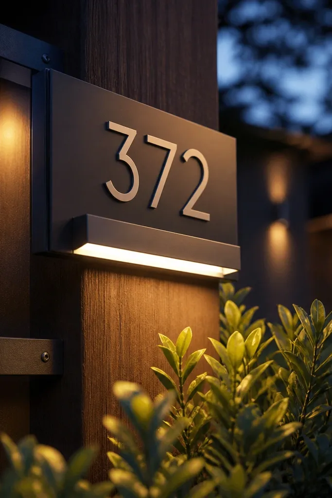 Diffused light bar under house numbers on a modern facade