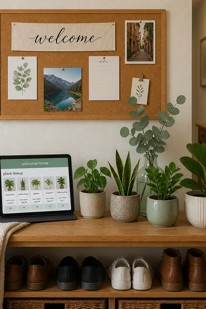 Minimal Notion dashboard with a plant row, soft lamp icon, and a short welcome message