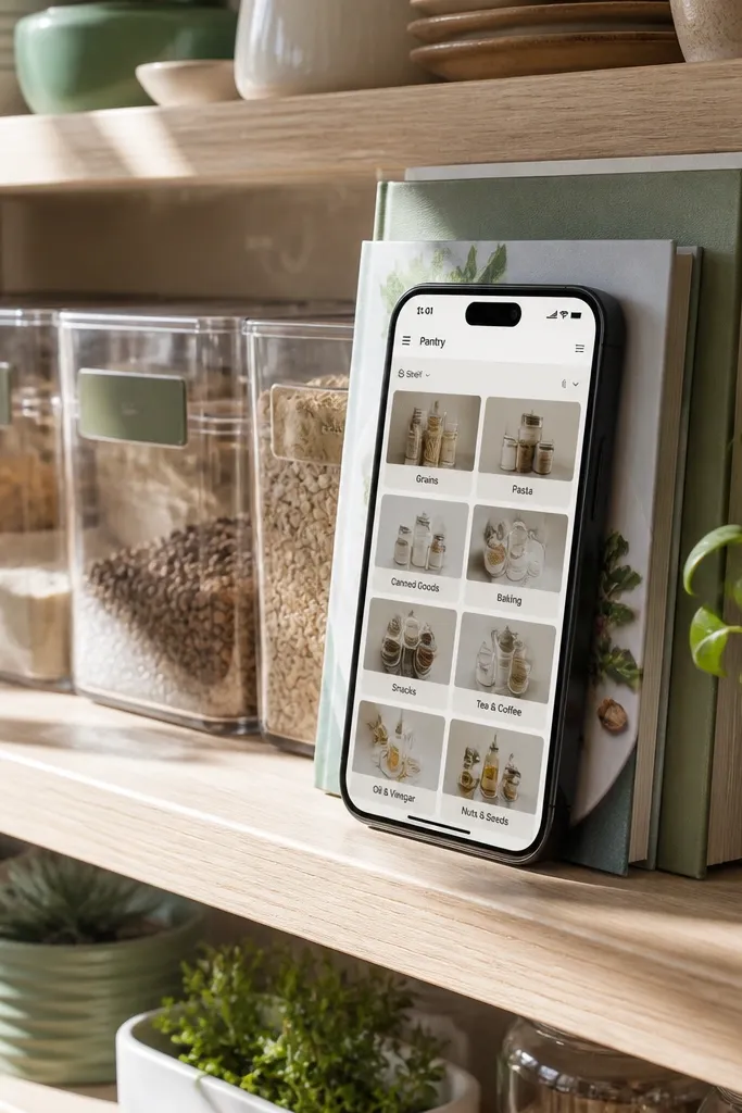 Notion page showing a shelf grid with plant tags and a supplies list beside it