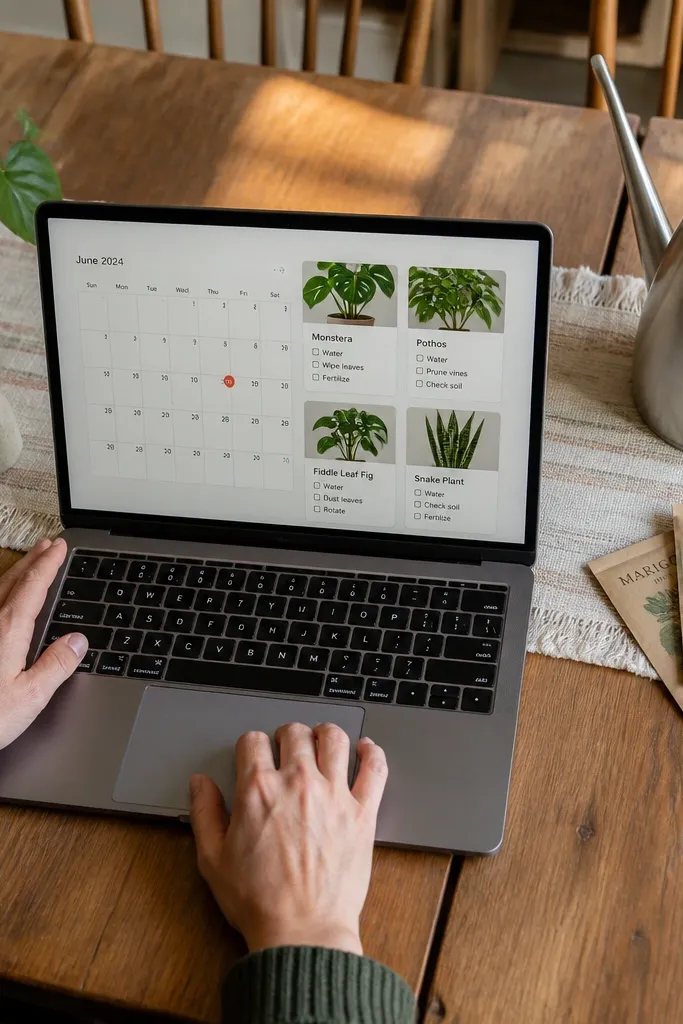 Notion calendar with colored plant cards and a small checklist for watering steps