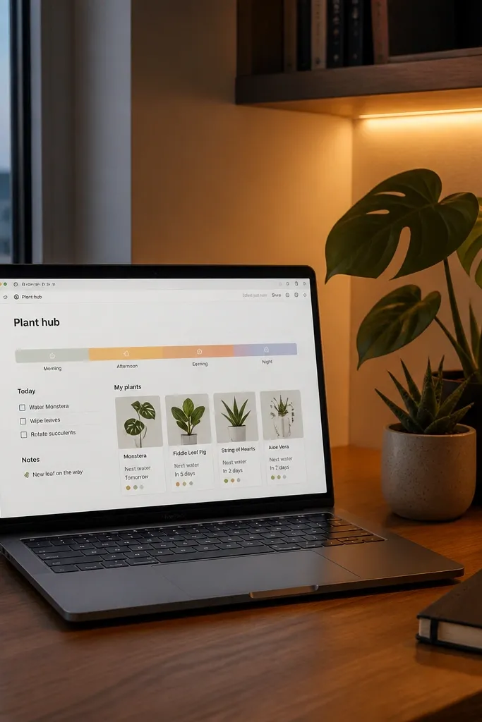 Notion desk dashboard with a light icon strip, task list, and plant mini cards