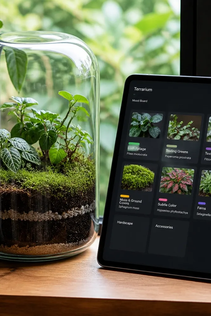 Notion mood board with terrarium-themed cards and plant tags in muted colors