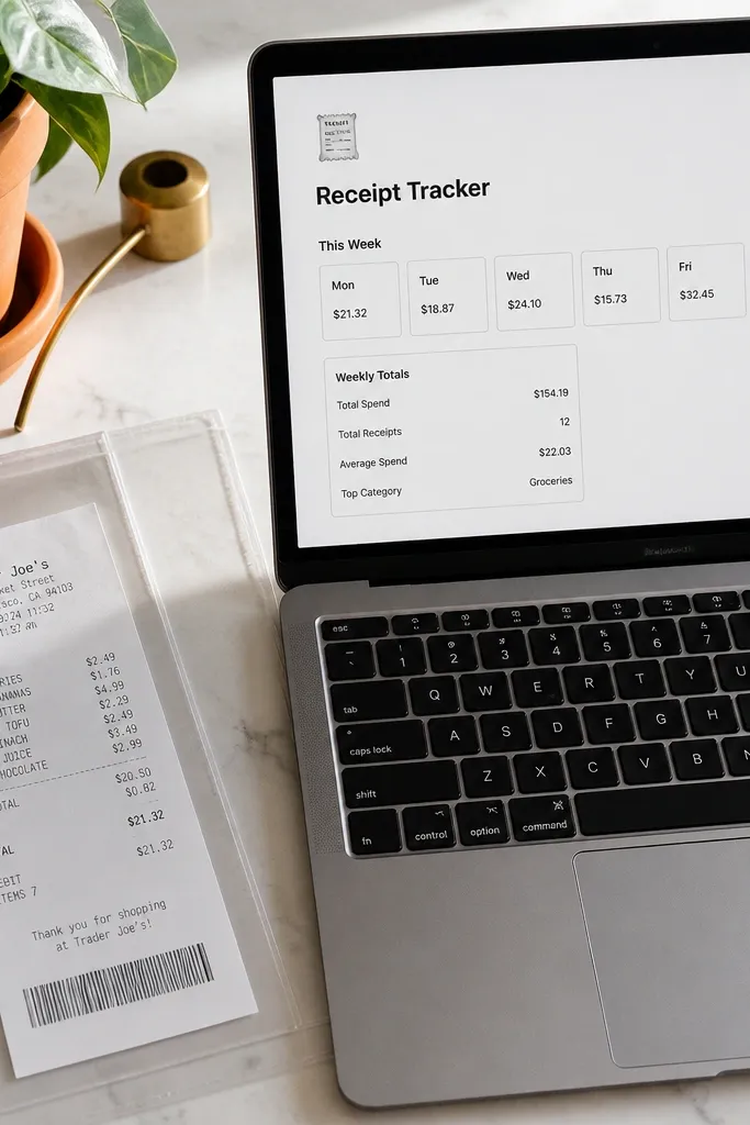 Notion page showing receipt cards, plant names, and a tidy total section