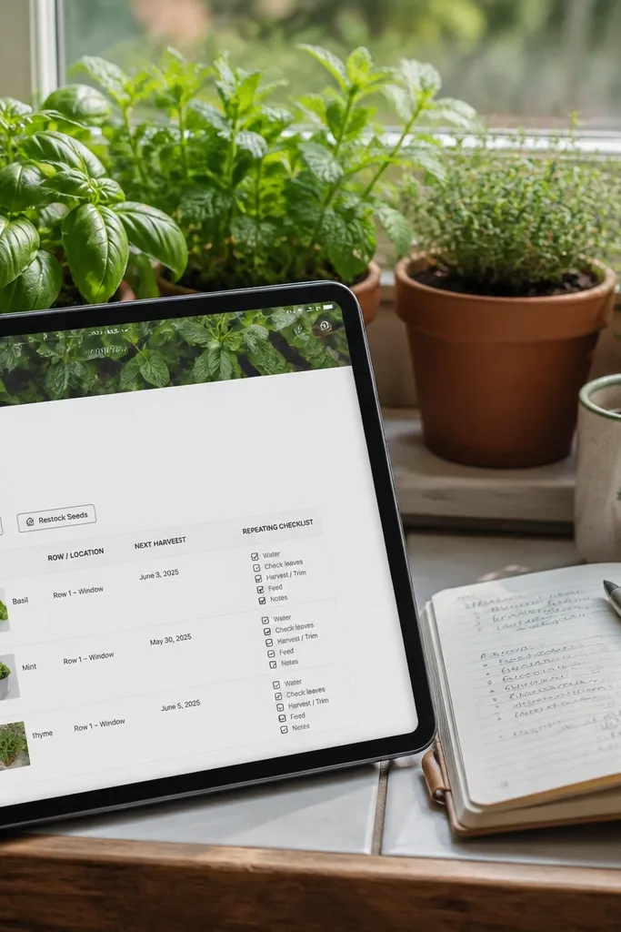 Notion journal layout with herb rows, harvest checkbox, and plant tags