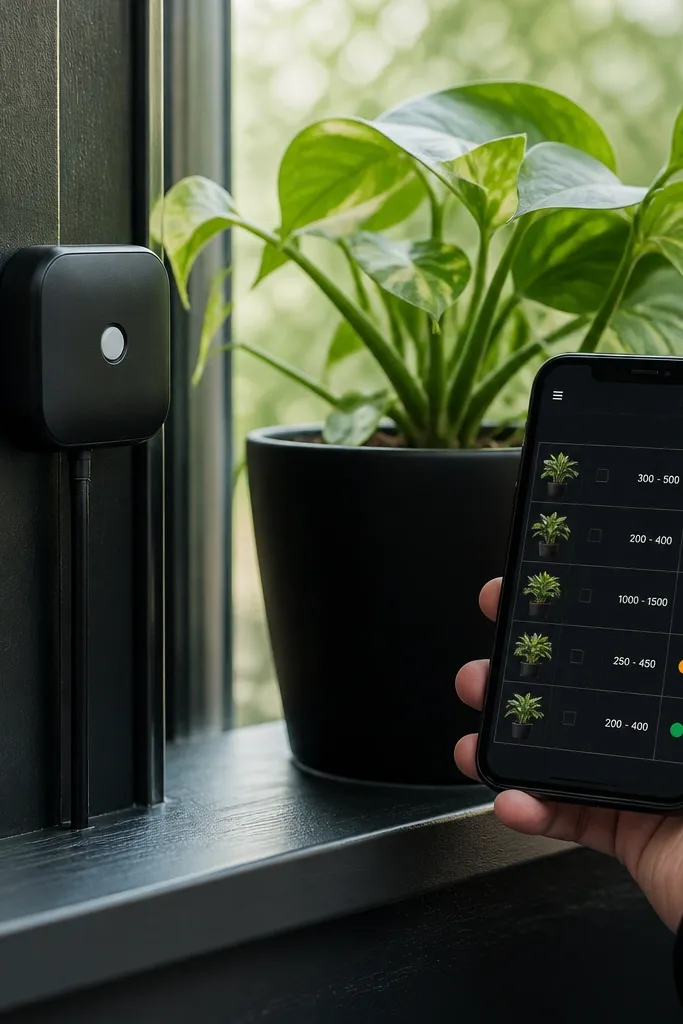 Notion page with a light sensor checklist, plant list, and simple status dots