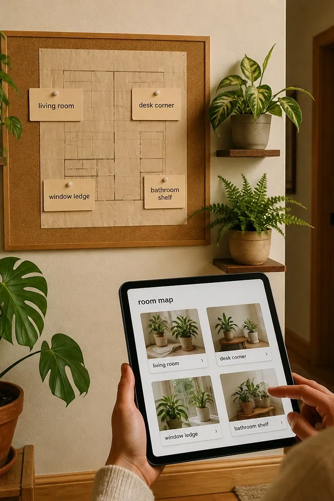 Notion room map layout with planter labels and plant cards linked by location