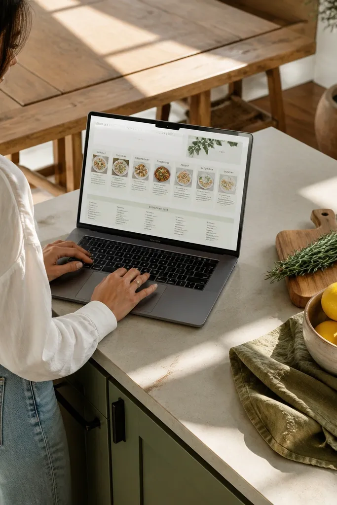 Notion weekly menu board with plant icons and a tidy grocery checklist