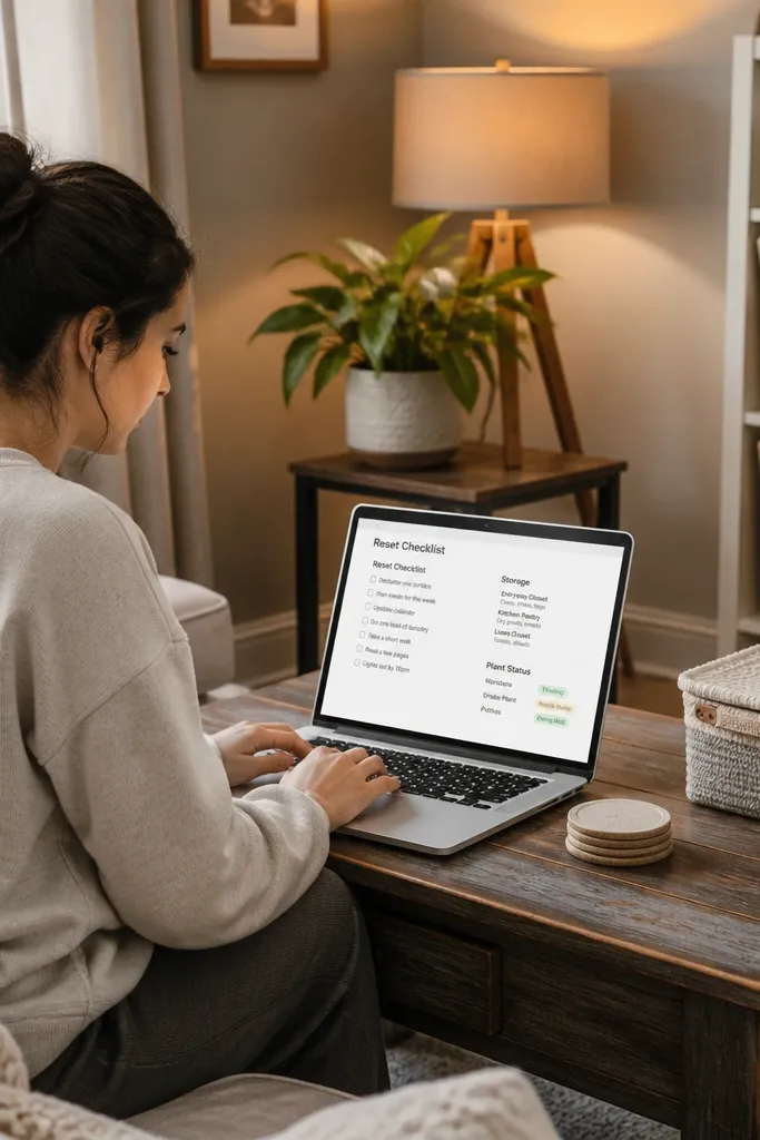 Notion reset checklist with storage zone labels and plant status badges