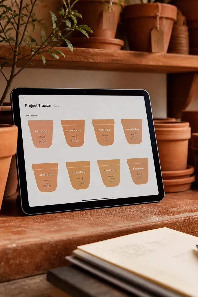 Notion project tracker board with terracotta theme pot cards and milestone dates