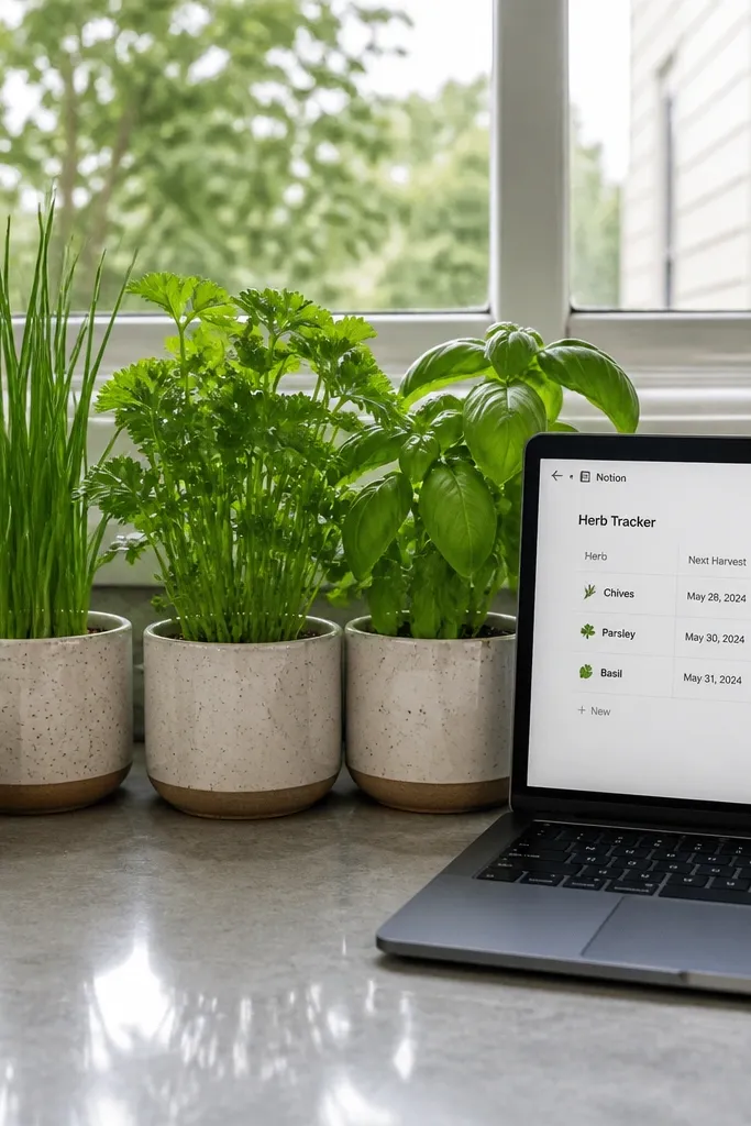 Notion kitchen tracker with plant cards and linked herb ingredients list