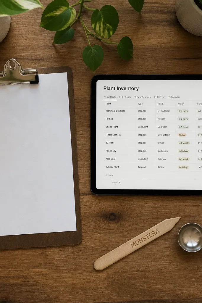 Clean Notion inventory grid with plant names, dates, and status tags only
