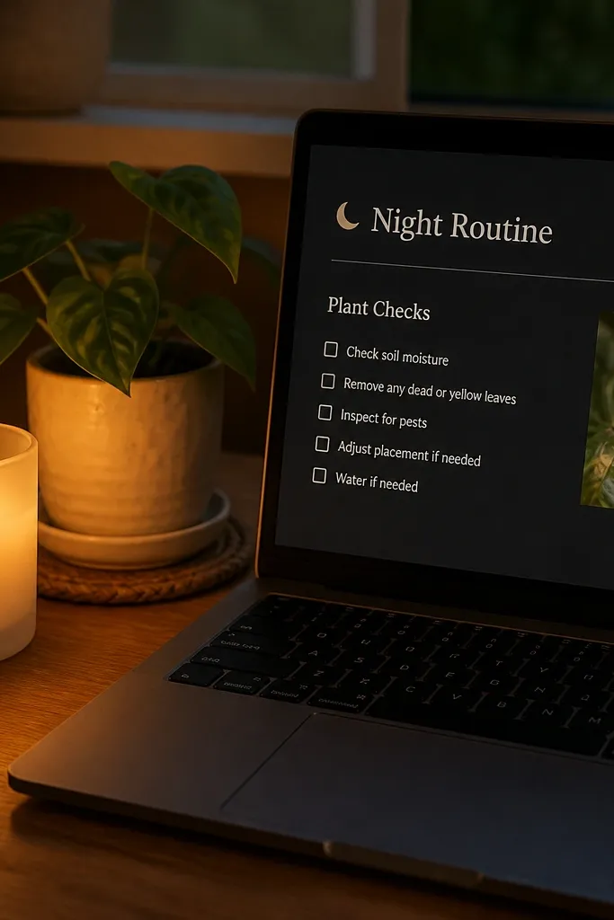 Night routine checklist with candle icon, plant checkboxes, and a calm timer note