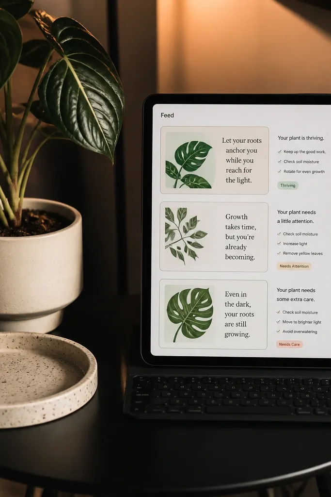 Notion quote cards with plant-themed tags and short care prompts