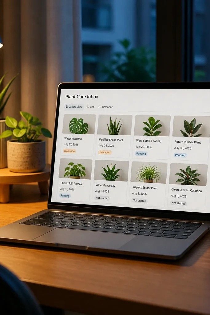 Inbox-style gallery of plant tasks with small due dates and status tags