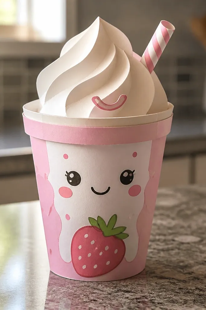 Pink paper cup with a whipped cream top and a straw, squishy look