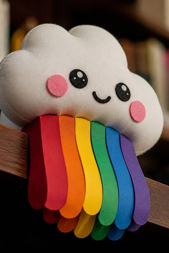 Soft blue cloud with a smiling face and rainbow stripes coming from it