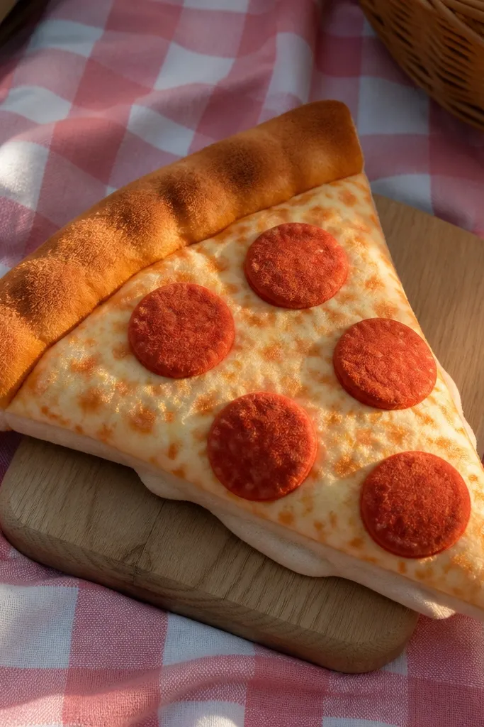 Triangle pizza slice squishy with red pepper and yellow cheese layers