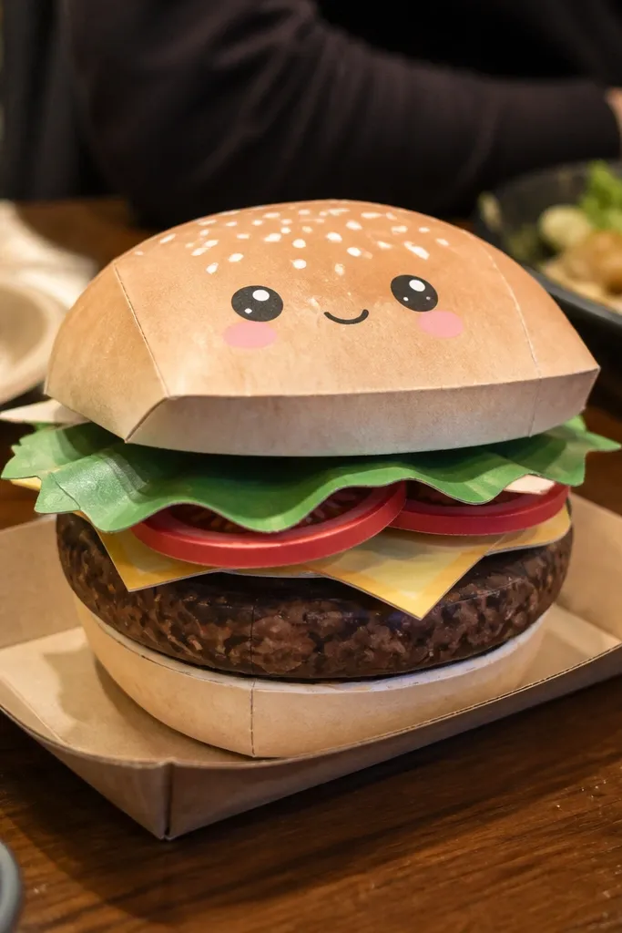 Paper hamburger squishy with a bun top, lettuce, and a smiley face