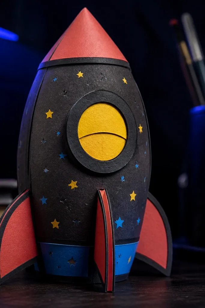 Paper rocket squishy with a round window and star details
