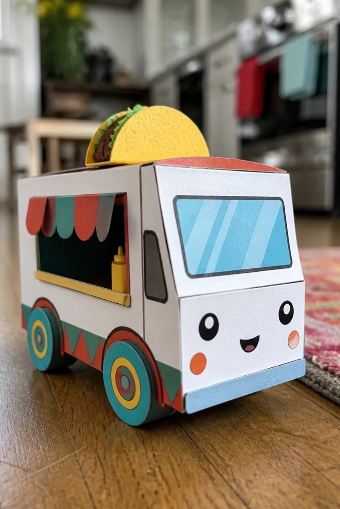 Paper taco truck squishy with two wheels and a smiling front