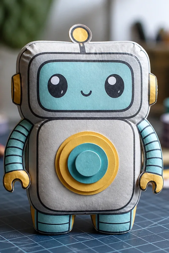 Small robot squishy with a raised belly panel and button circles