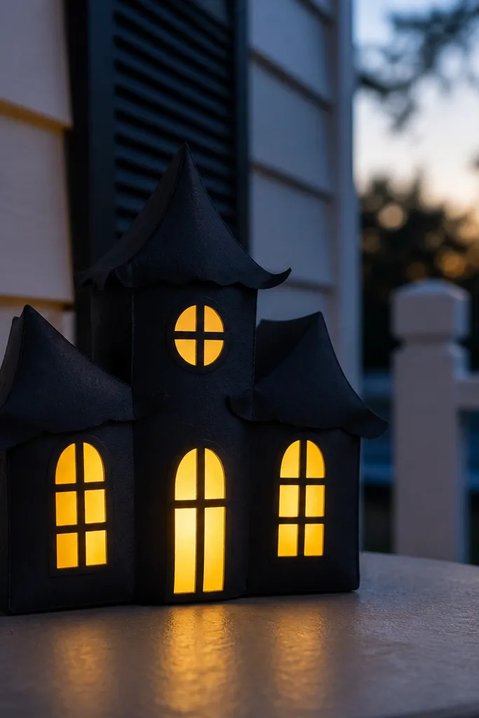 Small haunted house squishy with glowing windows and a crooked door