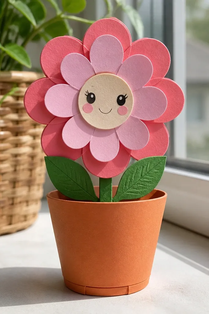 Paper flower pot squishy with layered petals and a smiling face pot