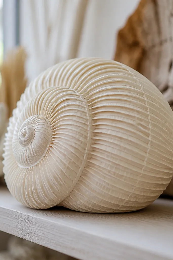 Cream shell squishy with a spiral pattern and small dot accents