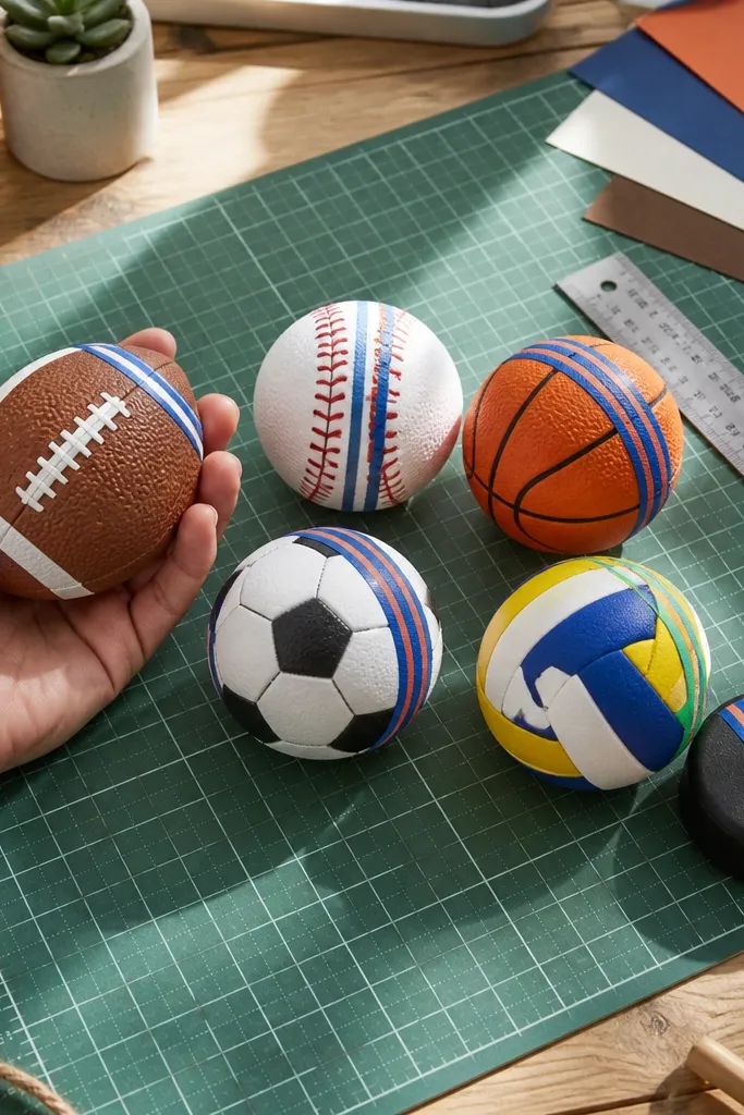 Small squishy balls made from paper with stitched lines and team colors