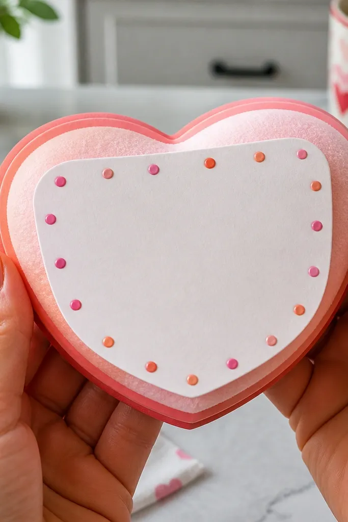 Pink heart squishy with a raised white label panel and small dots