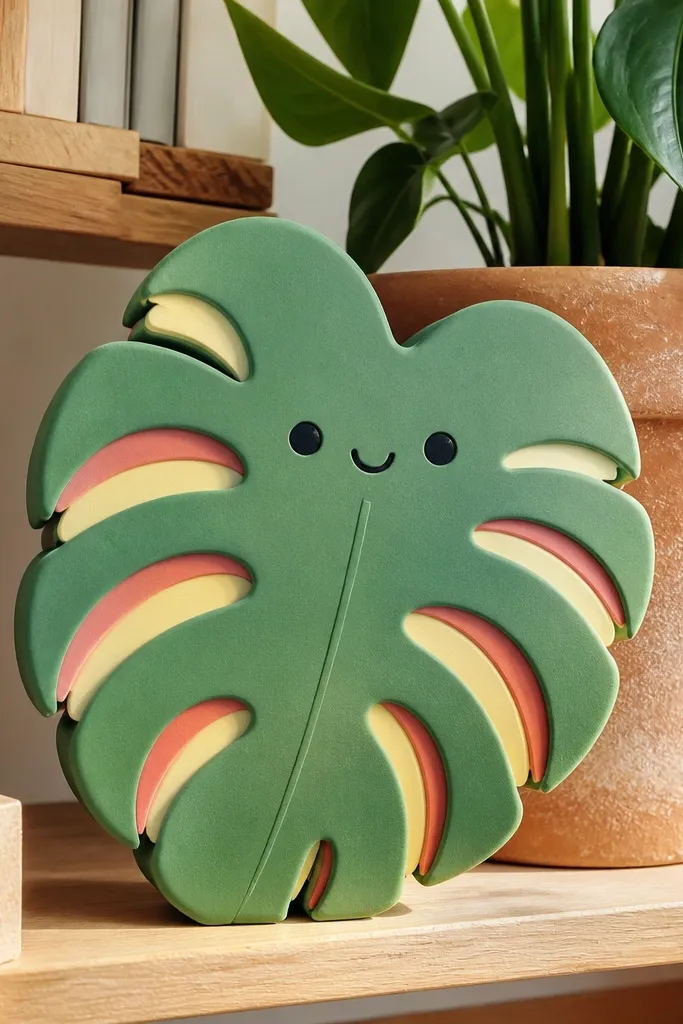 Green monstera leaf squishy with cutout holes and a tiny face