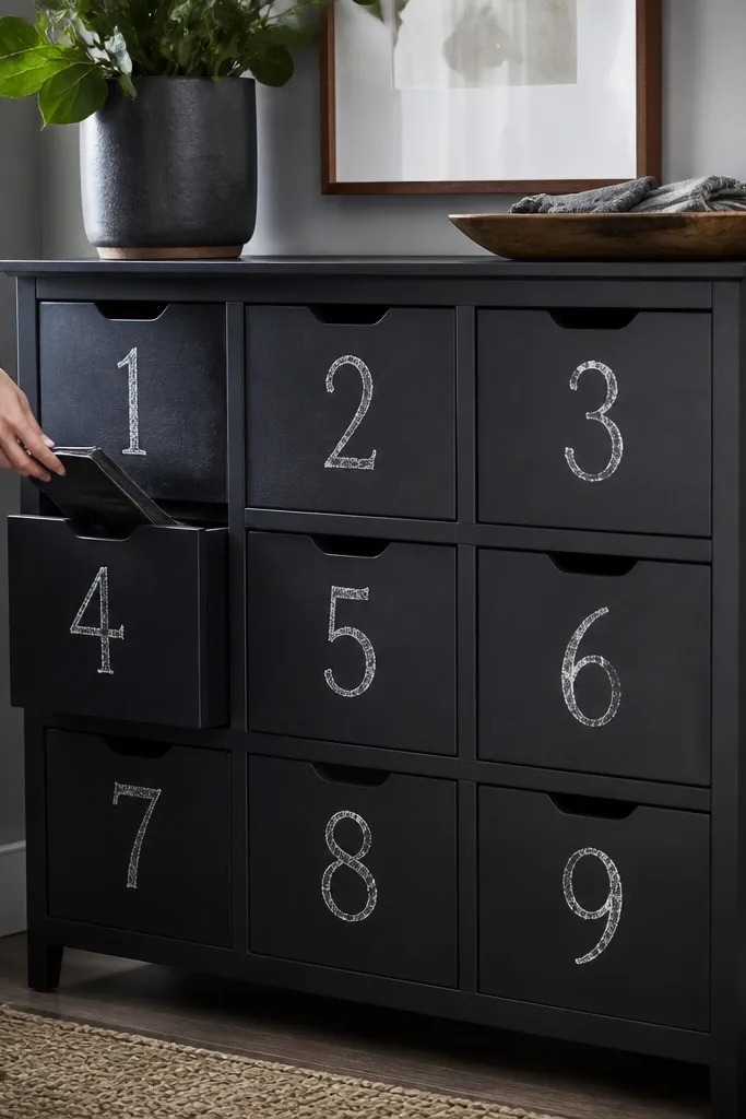 White cube shoe cabinet with numbered chalkboard doors and neat bins inside