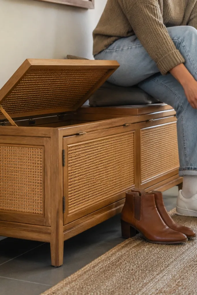 Wood bench with rattan doors and a lifted top showing a slatted shoe tray