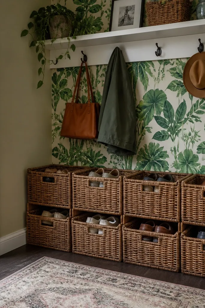 Small shoe nook with patterned wallpaper behind and matching baskets on shelves