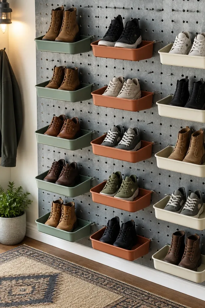 Pegboard shoe wall with hanging trays and color-coded labels