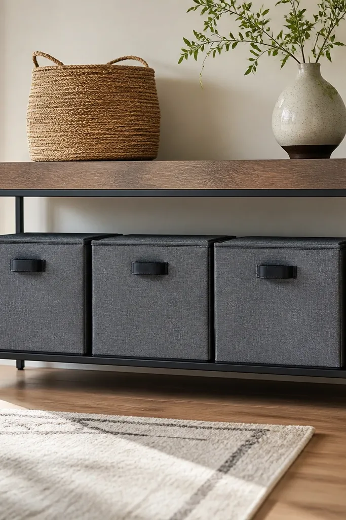 Console table with fabric bins slid into labeled compartments underneath