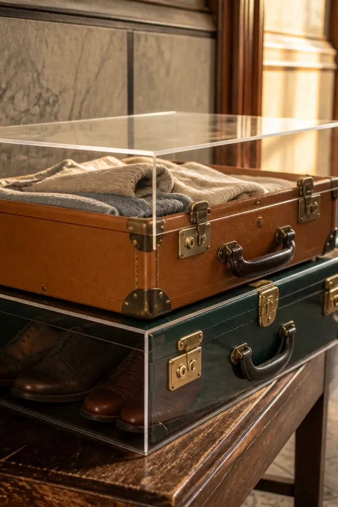 Stacked vintage suitcases used as shoe storage with a clear top cover