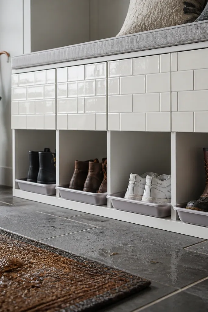 Bench with tile-pattern front cubbies and removable trays holding shoes