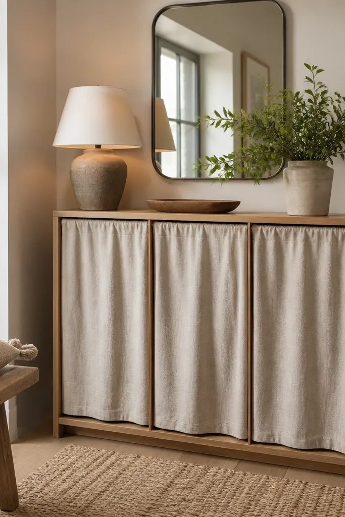 Cabinet with linen curtain panels hiding shoe shelves inside