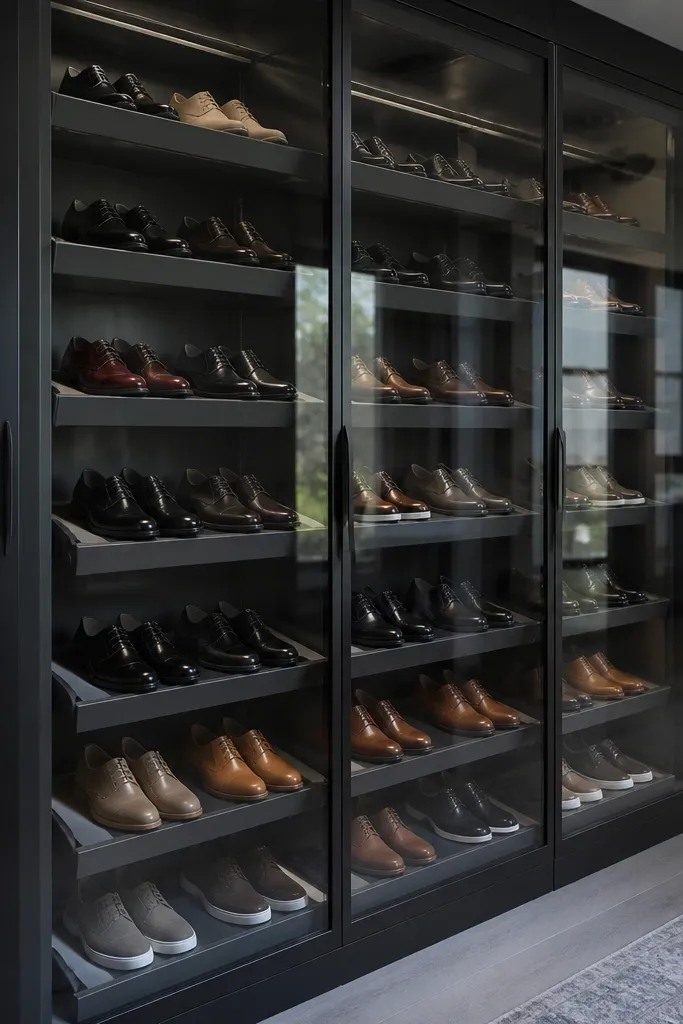 Glass-front cabinet with organized shoes on hidden pull-out trays
