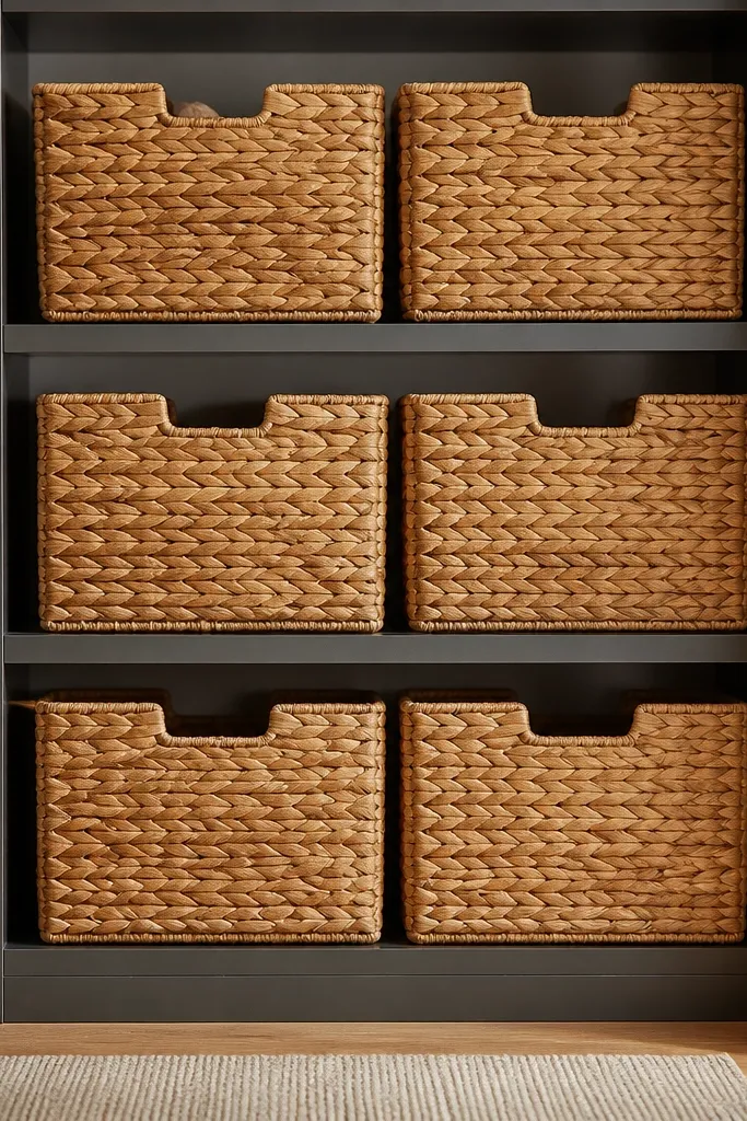 Closet shelves with woven seagrass inserts holding shoes